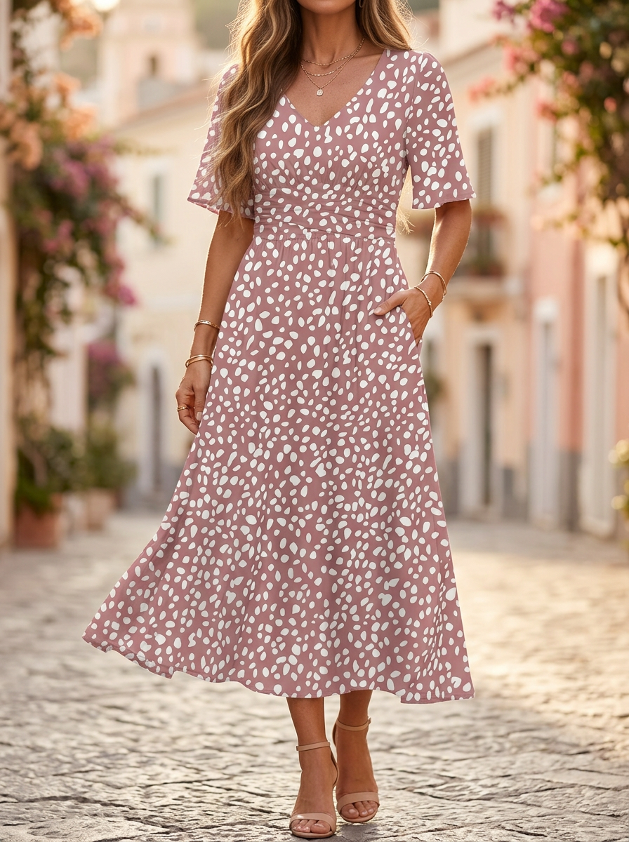 COLETTE | ELEGANT TUMMY-FLATTERING POLKA DOT MIDI DRESS