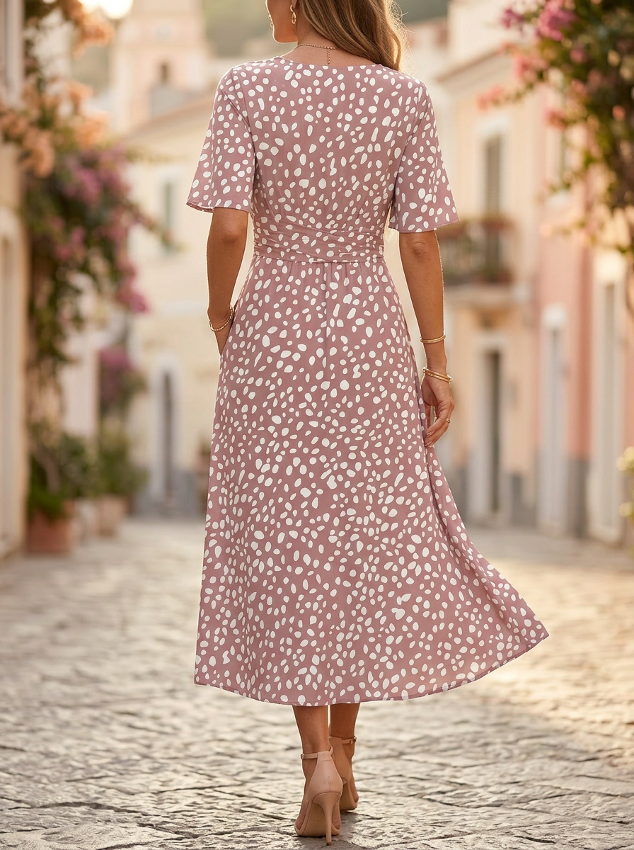 COLETTE | ELEGANT TUMMY-FLATTERING POLKA DOT MIDI DRESS