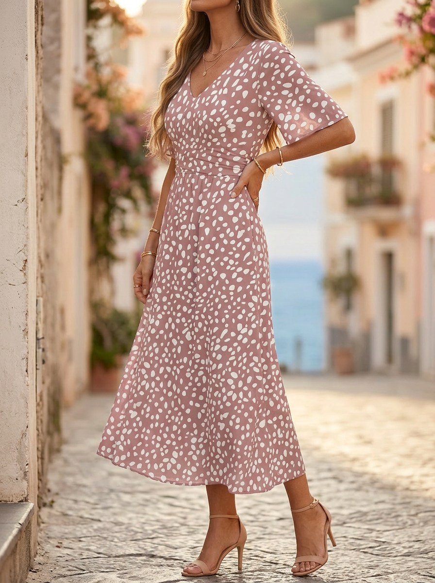 COLETTE | ELEGANT TUMMY-FLATTERING POLKA DOT MIDI DRESS